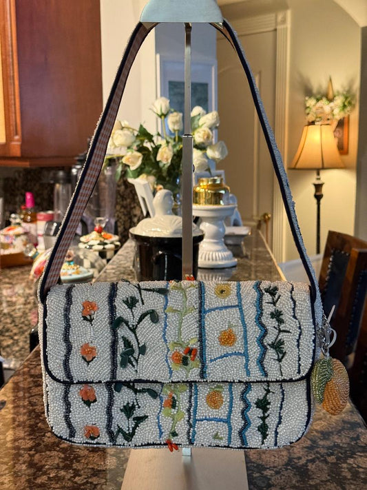Trending Beaded Bags and Resort Collection - White Beaded Floral Orange Checkered Shoulder Bag with Orange Bag Charm