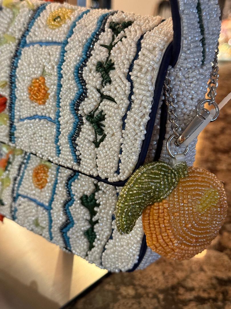 Trending Beaded Bags and Resort Collection - White Beaded Floral Orange Checkered Shoulder Bag with Orange Bag Charm