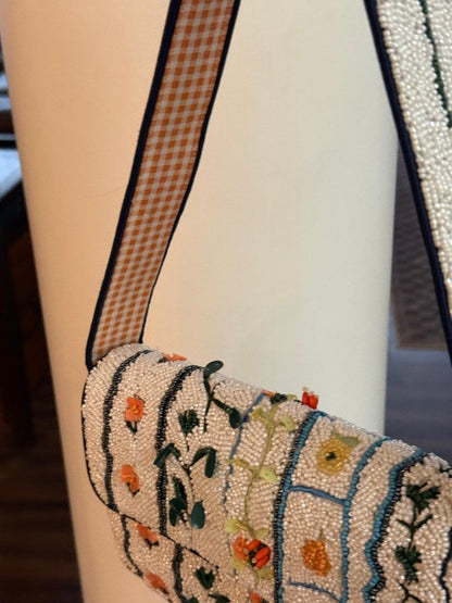 Trending Beaded Bags and Resort Collection - White Beaded Floral Orange Checkered Shoulder Bag with Orange Bag Charm