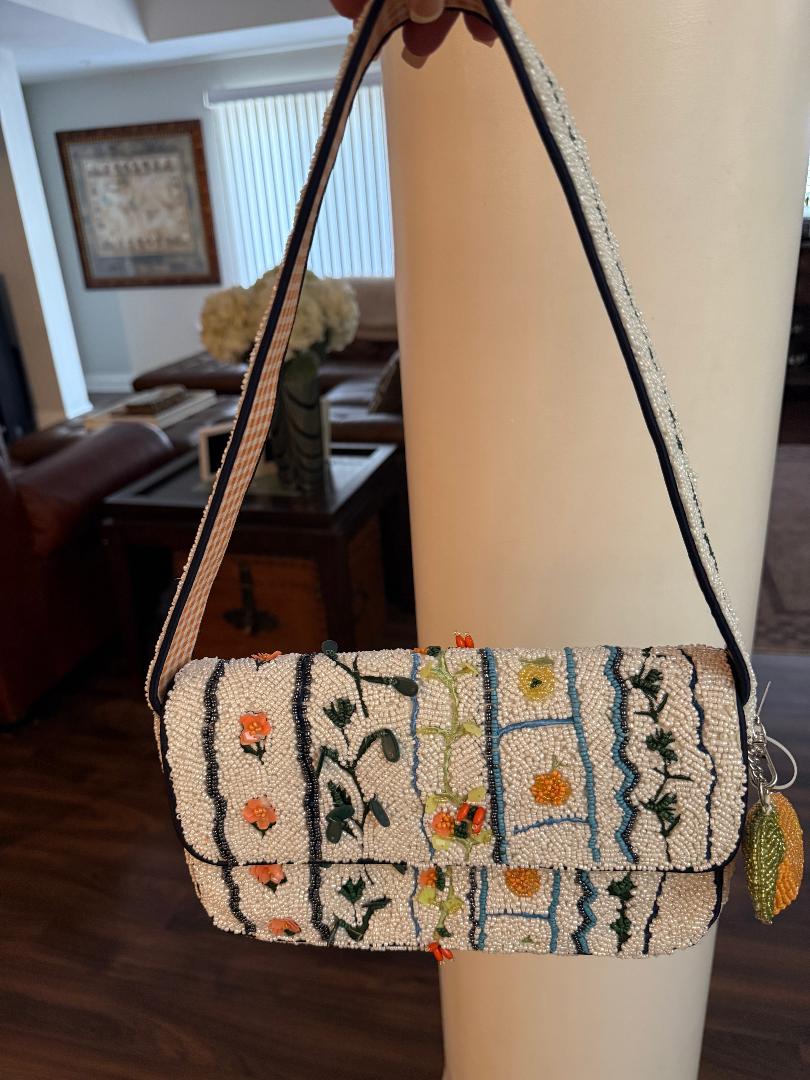 Trending Beaded Bags and Resort Collection - White Beaded Floral Orange Checkered Shoulder Bag with Orange Bag Charm
