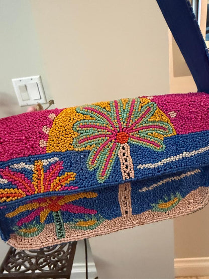 Trending Beaded Bags and Resort Collection - Tropical Palm Trees Pink & Blue Shoulder Bag