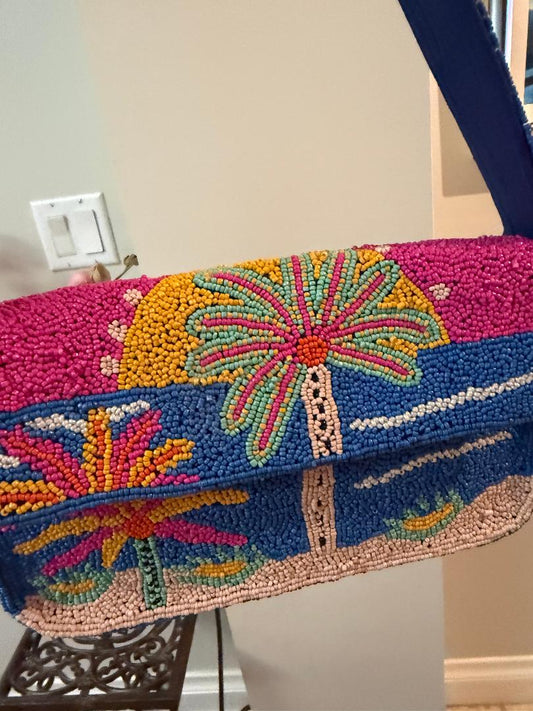 Trending Beaded Bags and Resort Collection - Tropical Palm Trees Pink & Blue Shoulder Bag