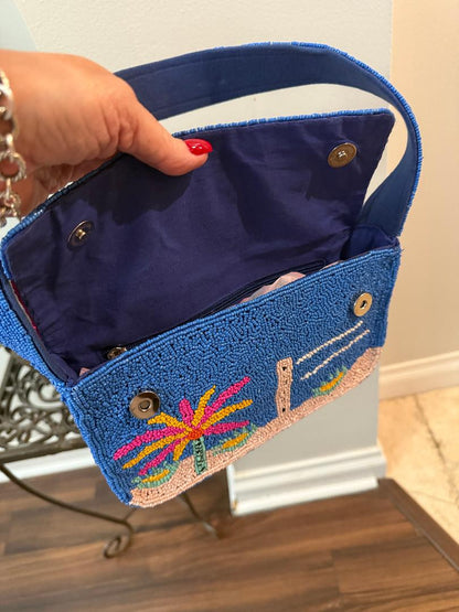 Trending Beaded Bags and Resort Collection - Tropical Palm Trees Pink & Blue Shoulder Bag