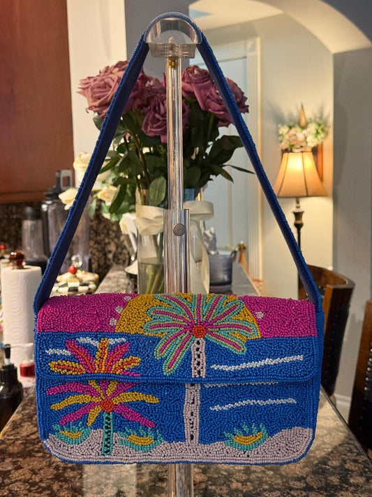 Trending Beaded Bags and Resort Collection - Tropical Palm Trees Pink & Blue Shoulder Bag