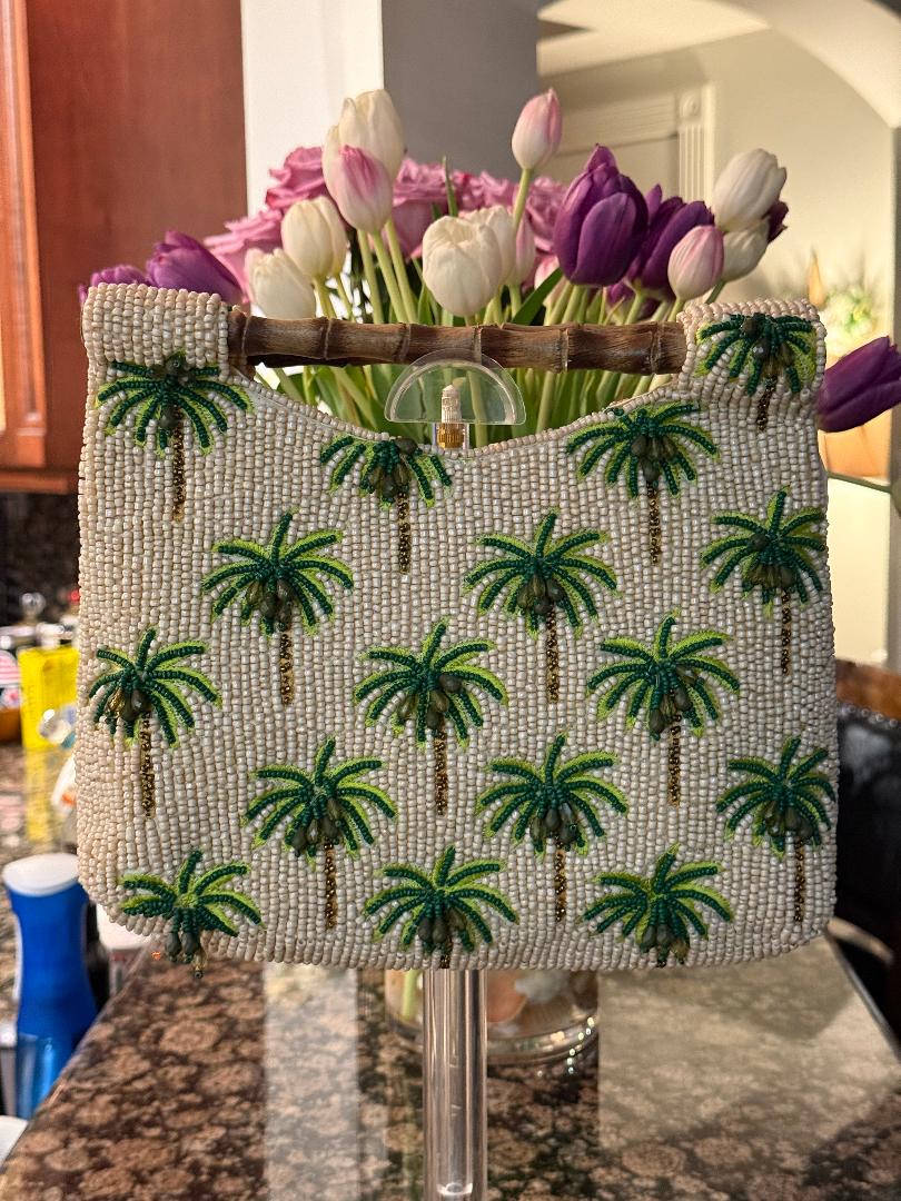 Trending Beaded Bags and Resort Collection - Palm Tree Beaded Clutch with Bamboo Handles