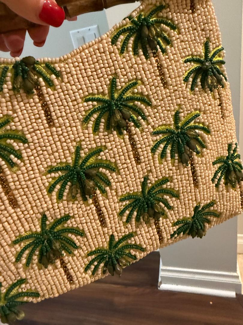 Trending Beaded Bags and Resort Collection - Palm Tree Beaded Clutch with Bamboo Handles