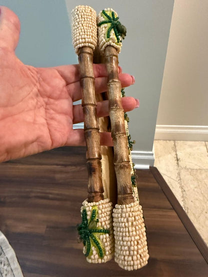 Trending Beaded Bags and Resort Collection - Palm Tree Beaded Clutch with Bamboo Handles