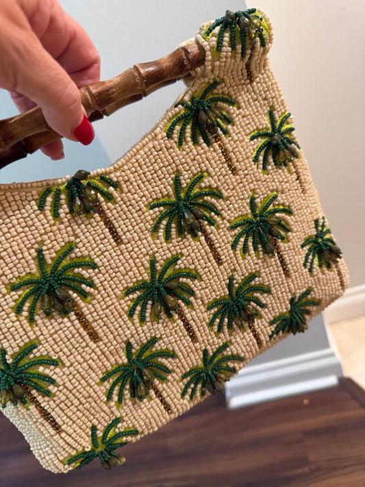 Trending Beaded Bags and Resort Collection - Palm Tree Beaded Clutch with Bamboo Handles