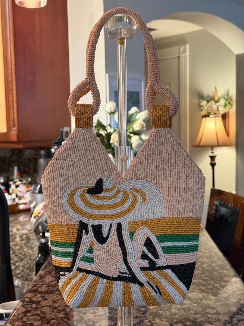 Trending Beaded Bags and Resort Collection - Peach Girl with Hat on Beach Top Handle