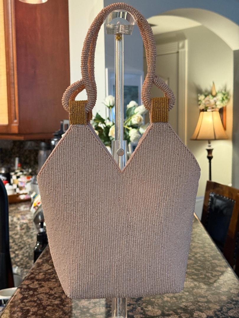Trending Beaded Bags and Resort Collection - Peach Girl with Hat on Beach Top Handle