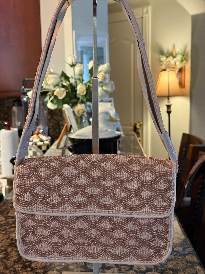 Trending Beaded Bags and Resort Collection - Peach Scallop Beaded Shoulder Bag