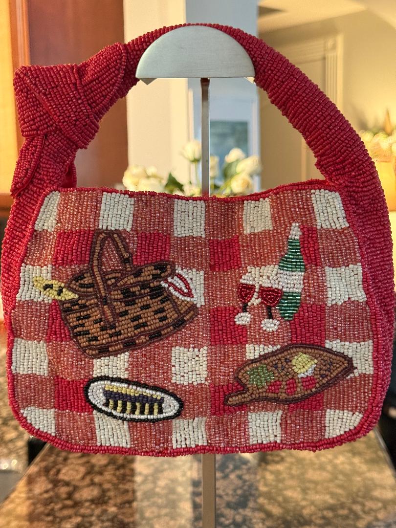 Trending Beaded Bags and Resort Collection - Sol Mer Red Picnic Basket Beaded Shoulder Bag