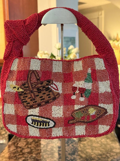 Trending Beaded Bags and Resort Collection - Sol Mer Red Picnic Basket Beaded Shoulder Bag