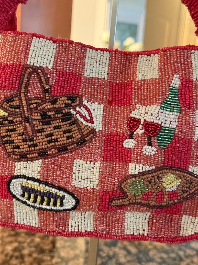 Trending Beaded Bags and Resort Collection - Sol Mer Red Picnic Basket Beaded Shoulder Bag