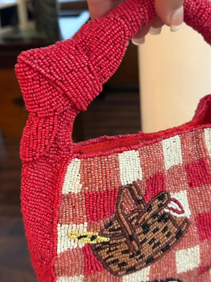 Trending Beaded Bags and Resort Collection - Sol Mer Red Picnic Basket Beaded Shoulder Bag