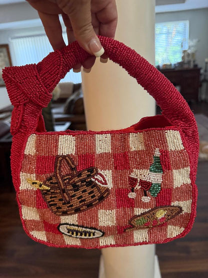 Trending Beaded Bags and Resort Collection - Sol Mer Red Picnic Basket Beaded Shoulder Bag