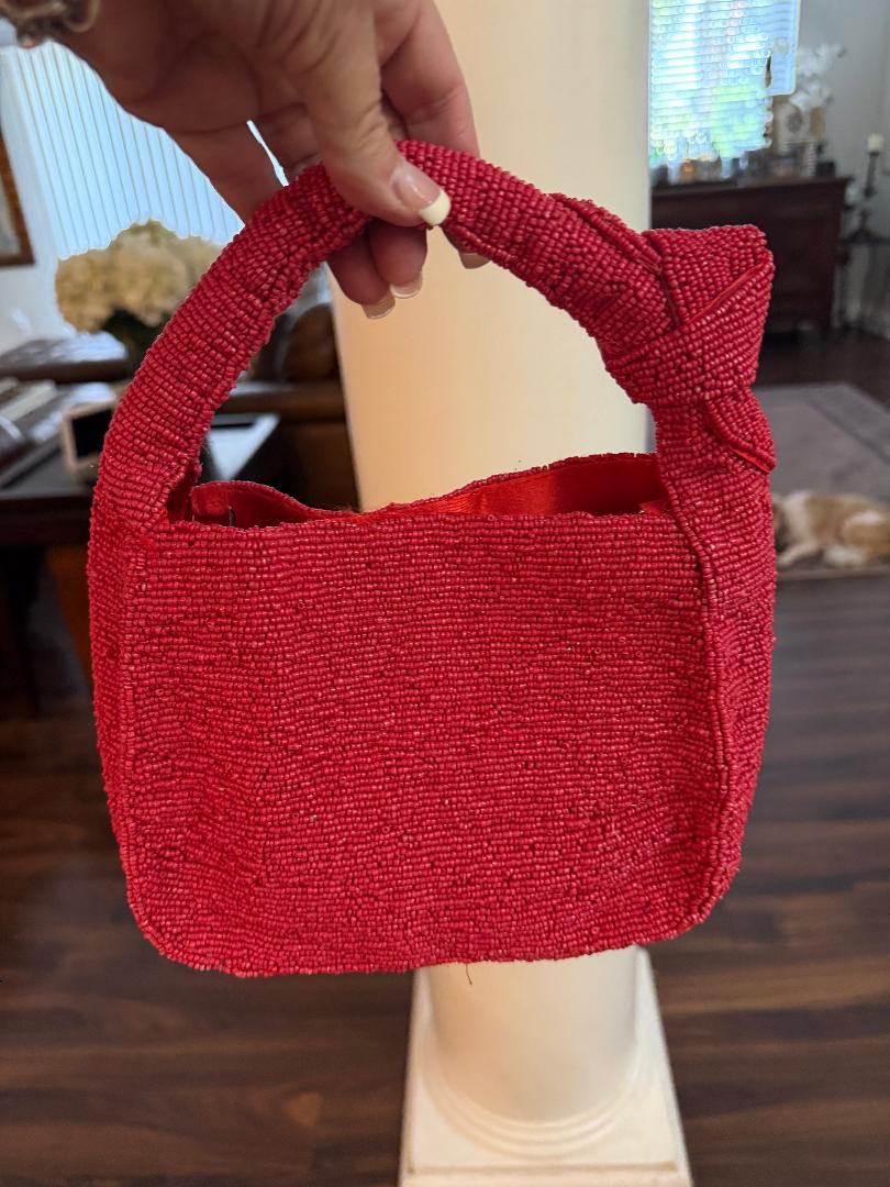 Trending Beaded Bags and Resort Collection - Sol Mer Red Picnic Basket Beaded Shoulder Bag