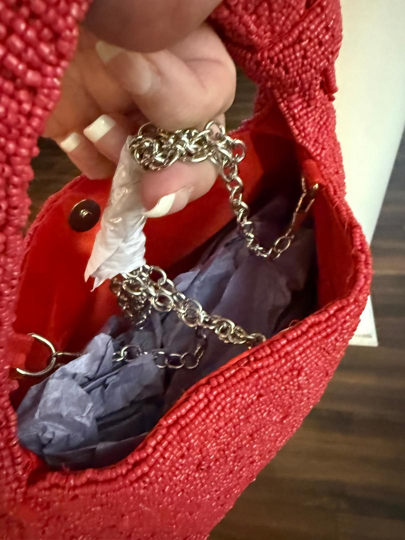 Trending Beaded Bags and Resort Collection - Sol Mer Red Picnic Basket Beaded Shoulder Bag