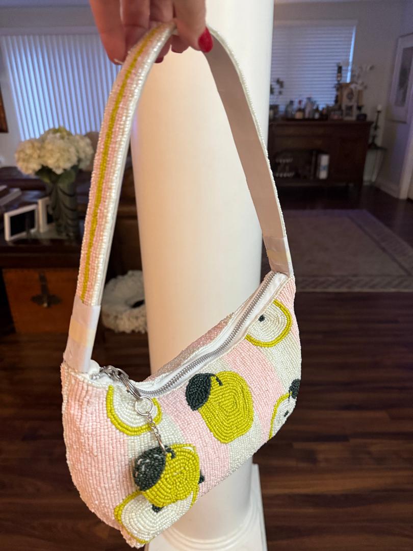 Trending Beaded Bags and Resort Collection - Pink & White Striped Apple Beaded Shoulder Bag