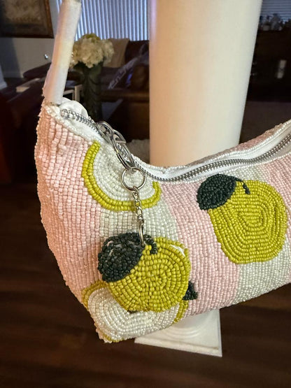 Trending Beaded Bags and Resort Collection - Pink & White Striped Apple Beaded Shoulder Bag