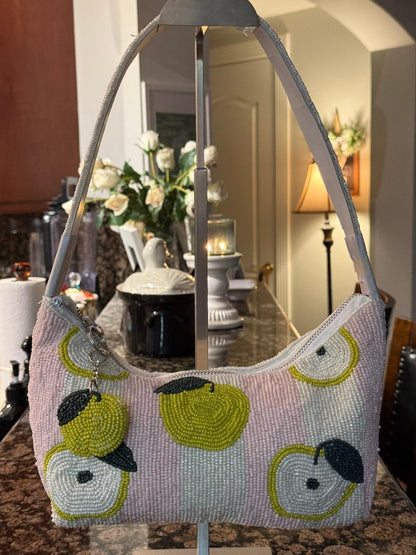 Trending Beaded Bags and Resort Collection - Pink & White Striped Apple Beaded Shoulder Bag