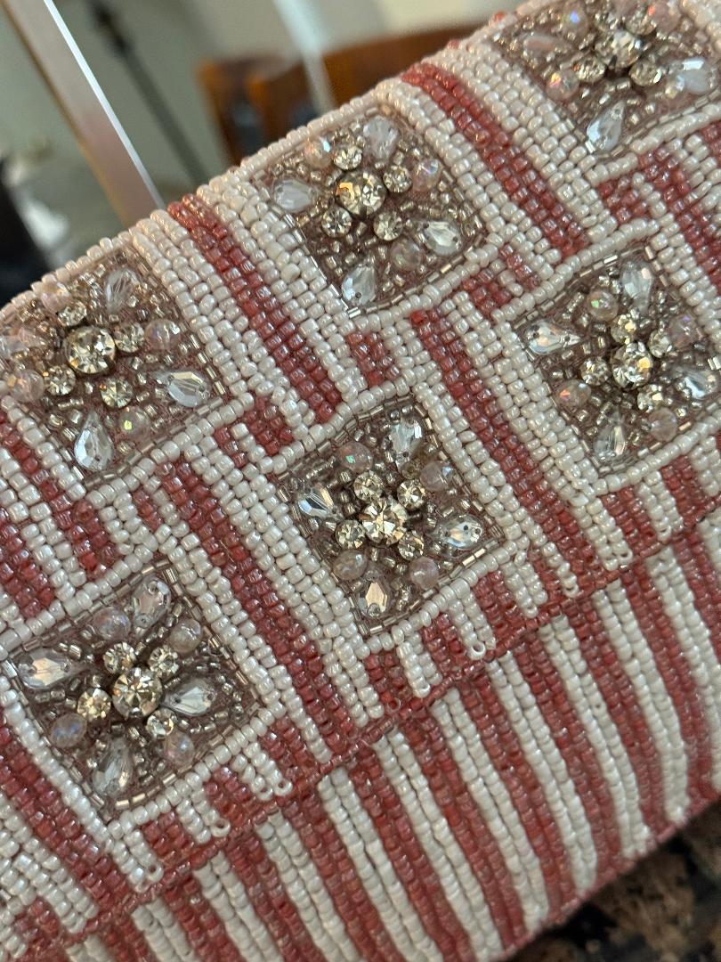 Trending Beaded Bags and Resort Collection - Pink & White Crystal Beaded Shoulder Bag