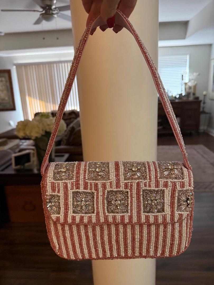 Trending Beaded Bags and Resort Collection - Pink & White Crystal Beaded Shoulder Bag