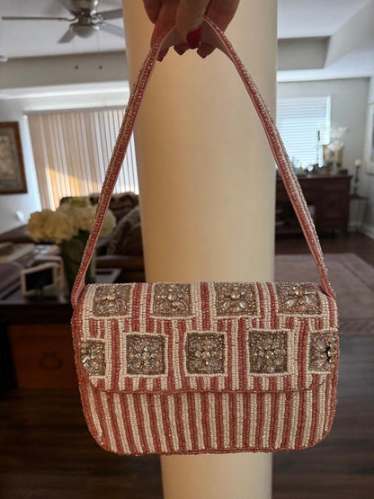 Trending Beaded Bags and Resort Collection - Pink & White Crystal Beaded Shoulder Bag