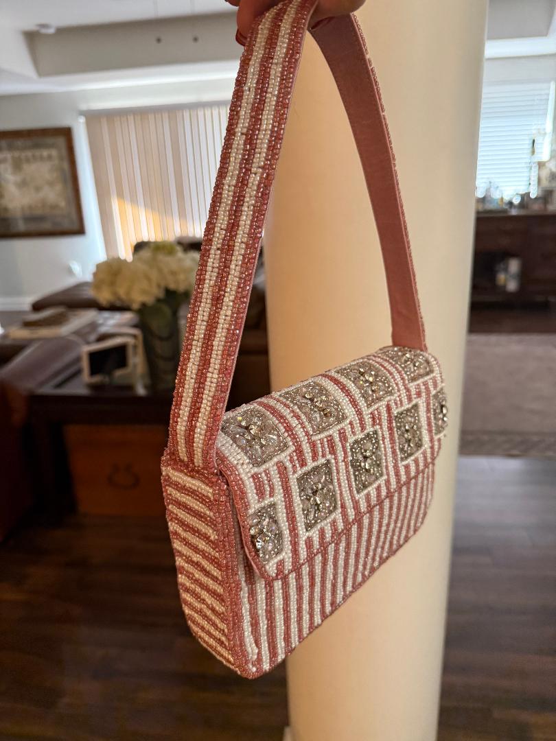 Trending Beaded Bags and Resort Collection - Pink & White Crystal Beaded Shoulder Bag