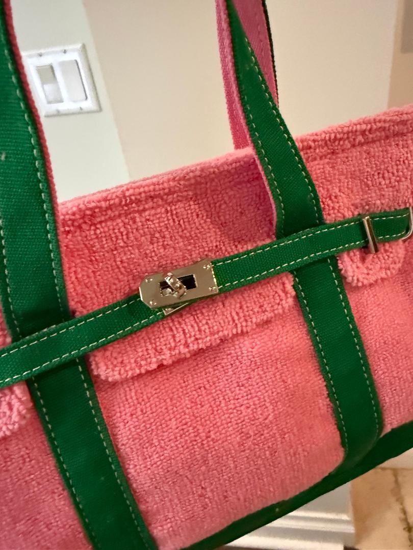 Trending Beaded Bags and Resort Collection - BOATKIN SMALL Pink/Green Terry Cloth "Boatkin"