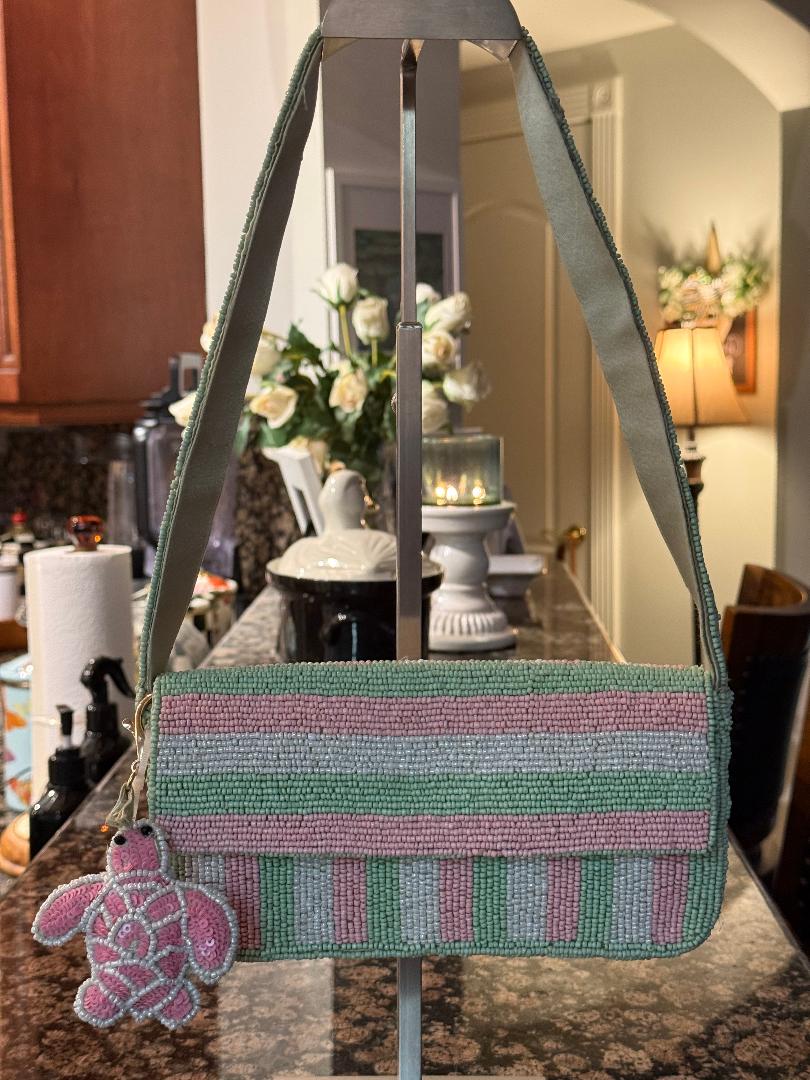 Trending Beaded Bags and Resort Collection - Pink & Green Striped Turtle Beaded Shoulder Bag