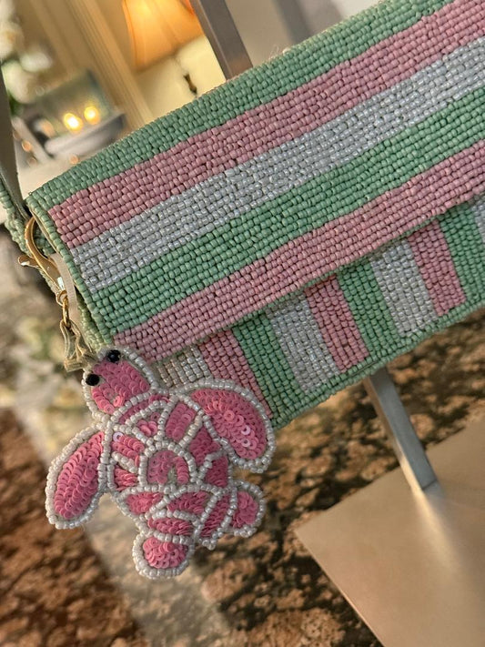 Trending Beaded Bags and Resort Collection - Pink & Green Striped Turtle Beaded Shoulder Bag