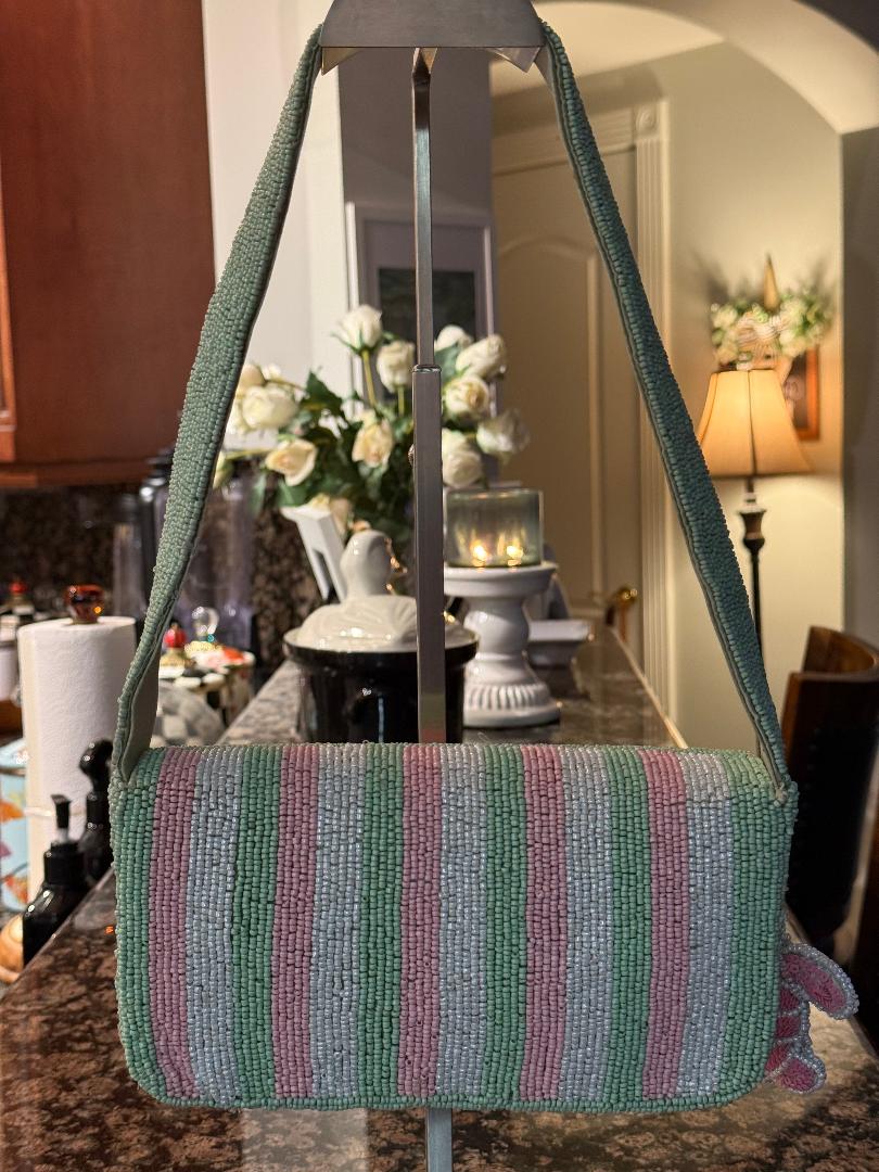 Trending Beaded Bags and Resort Collection - Pink & Green Striped Turtle Beaded Shoulder Bag
