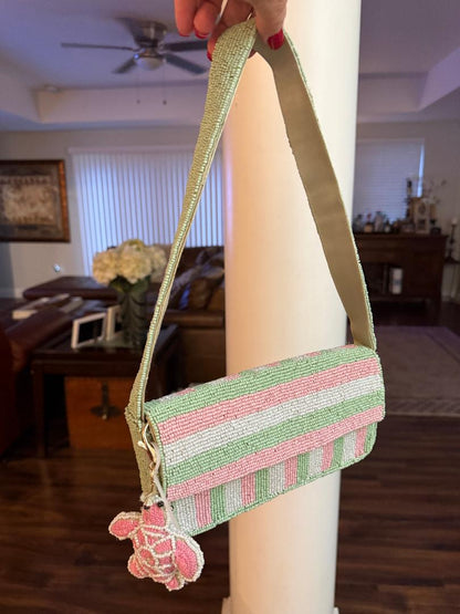 Trending Beaded Bags and Resort Collection - Pink & Green Striped Turtle Beaded Shoulder Bag