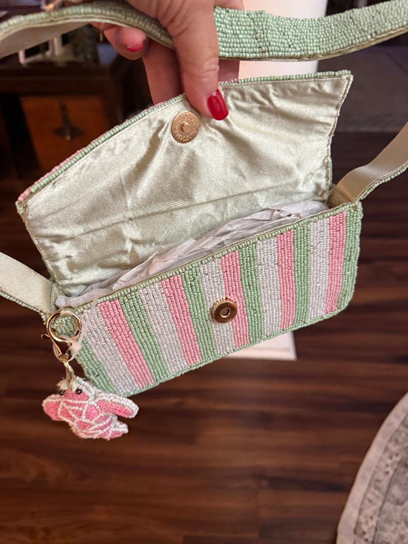 Trending Beaded Bags and Resort Collection - Pink & Green Striped Turtle Beaded Shoulder Bag