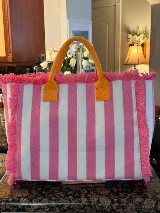 Trending Beaded Bags and Resort Collection - Pink White Terry Cloth Beach Tote
