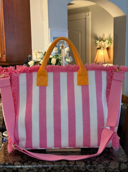 Trending Beaded Bags and Resort Collection - Pink White Terry Cloth Beach Tote