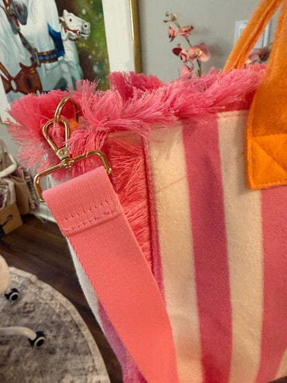 Trending Beaded Bags and Resort Collection - Pink White Terry Cloth Beach Tote