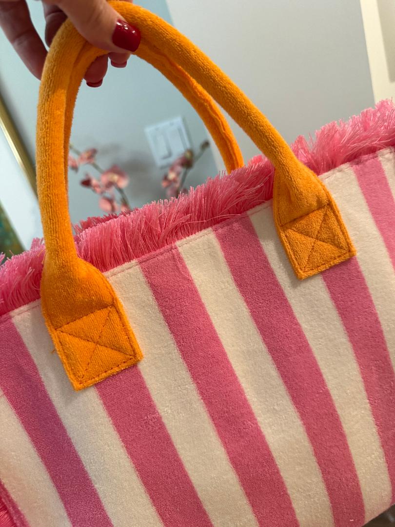 Trending Beaded Bags and Resort Collection - Pink White Terry Cloth Beach Tote