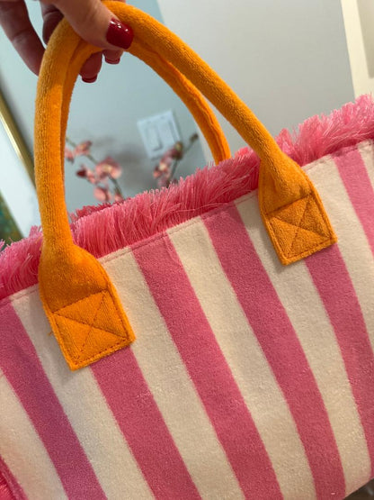 Trending Beaded Bags and Resort Collection - Pink White Terry Cloth Beach Tote