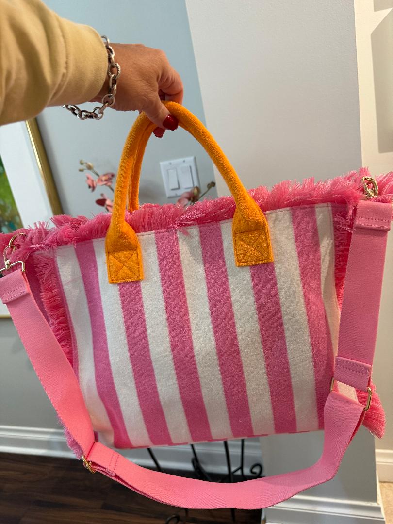 Trending Beaded Bags and Resort Collection - Pink White Terry Cloth Beach Tote