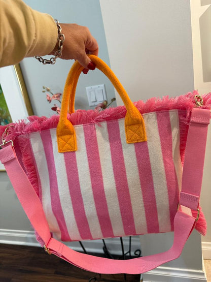 Trending Beaded Bags and Resort Collection - Pink White Terry Cloth Beach Tote