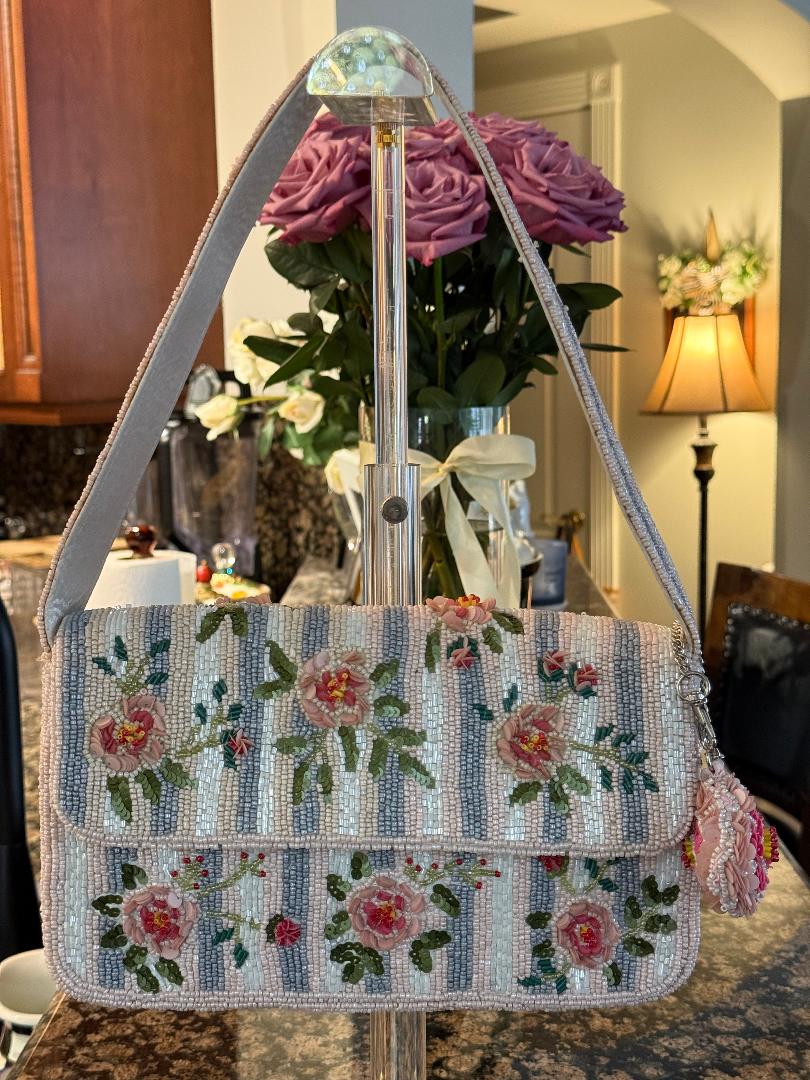 Trending Beaded Bags and Resort Collection- Pink Roses with Matching Rose Bag Charm