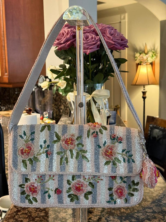 Trending Beaded Bags and Resort Collection- Pink Roses with Matching Rose Bag Charm