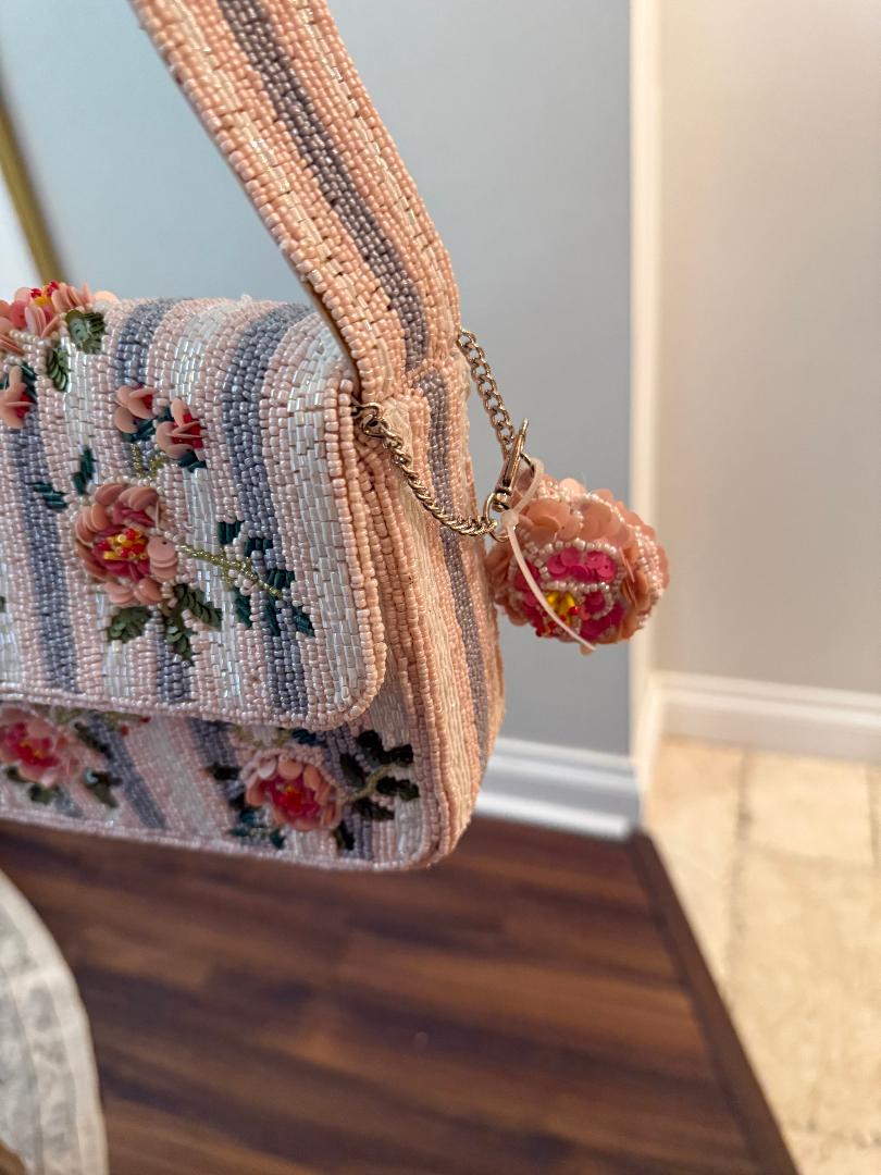 Trending Beaded Bags and Resort Collection- Pink Roses with Matching Rose Bag Charm
