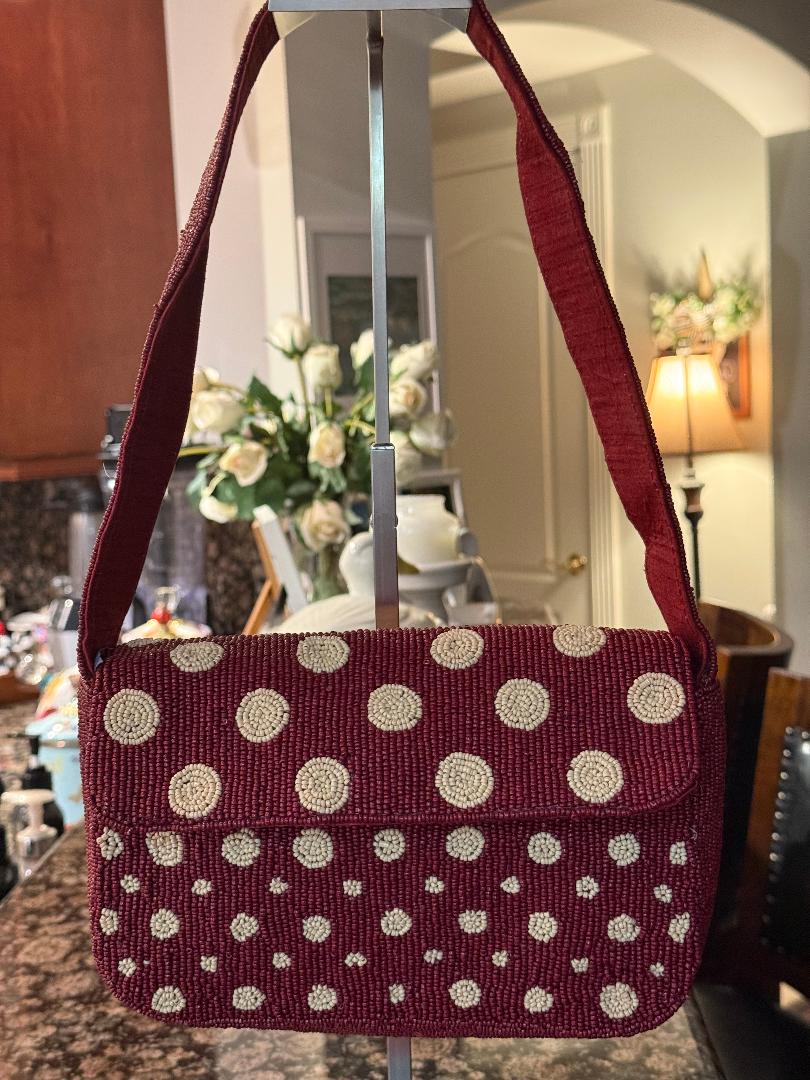 Trending Beaded Bags and Resort Collection - Sol Mer Polka Dot Maroon & Cream Shoulder Bag