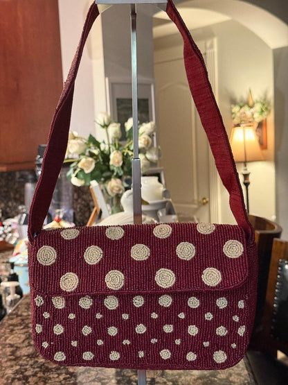 Trending Beaded Bags and Resort Collection - Sol Mer Polka Dot Maroon & Cream Shoulder Bag