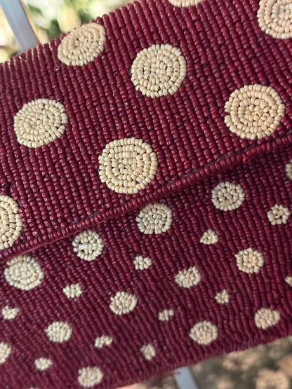 Trending Beaded Bags and Resort Collection - Sol Mer Polka Dot Maroon & Cream Shoulder Bag