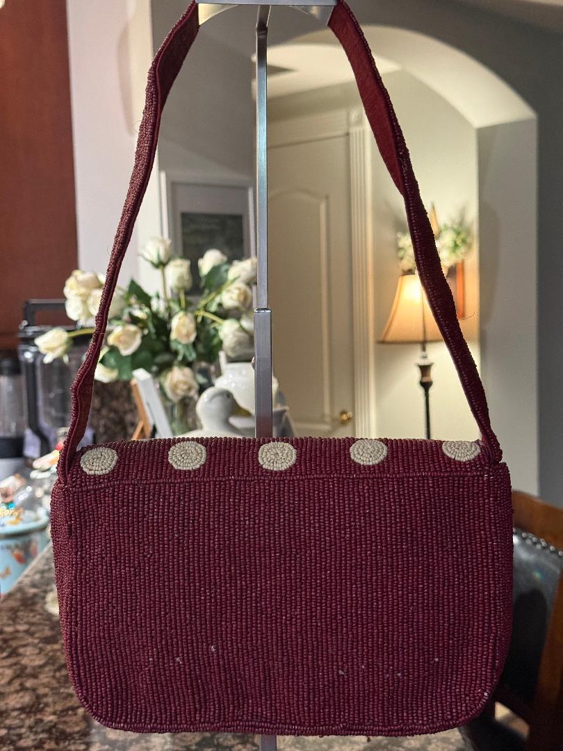 Trending Beaded Bags and Resort Collection - Sol Mer Polka Dot Maroon & Cream Shoulder Bag