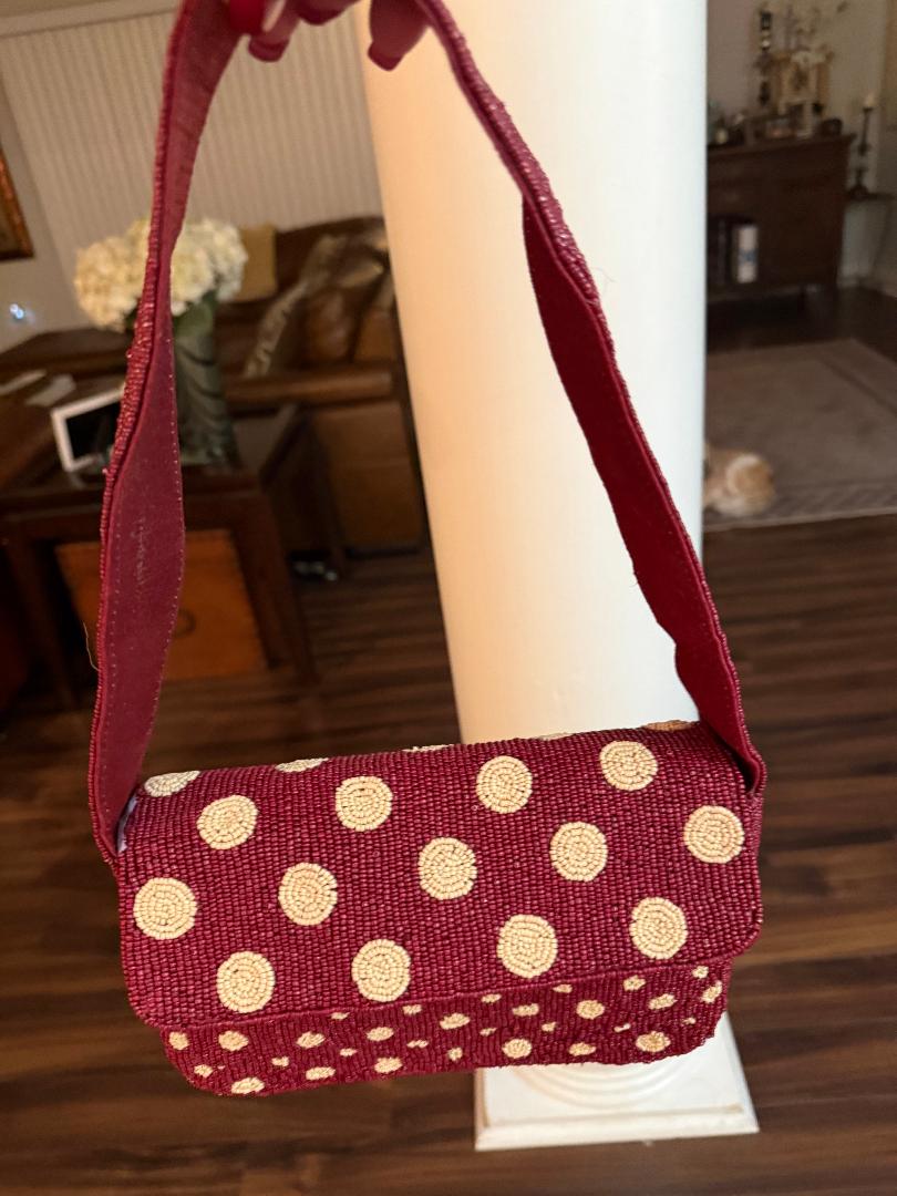 Trending Beaded Bags and Resort Collection - Sol Mer Polka Dot Maroon & Cream Shoulder Bag